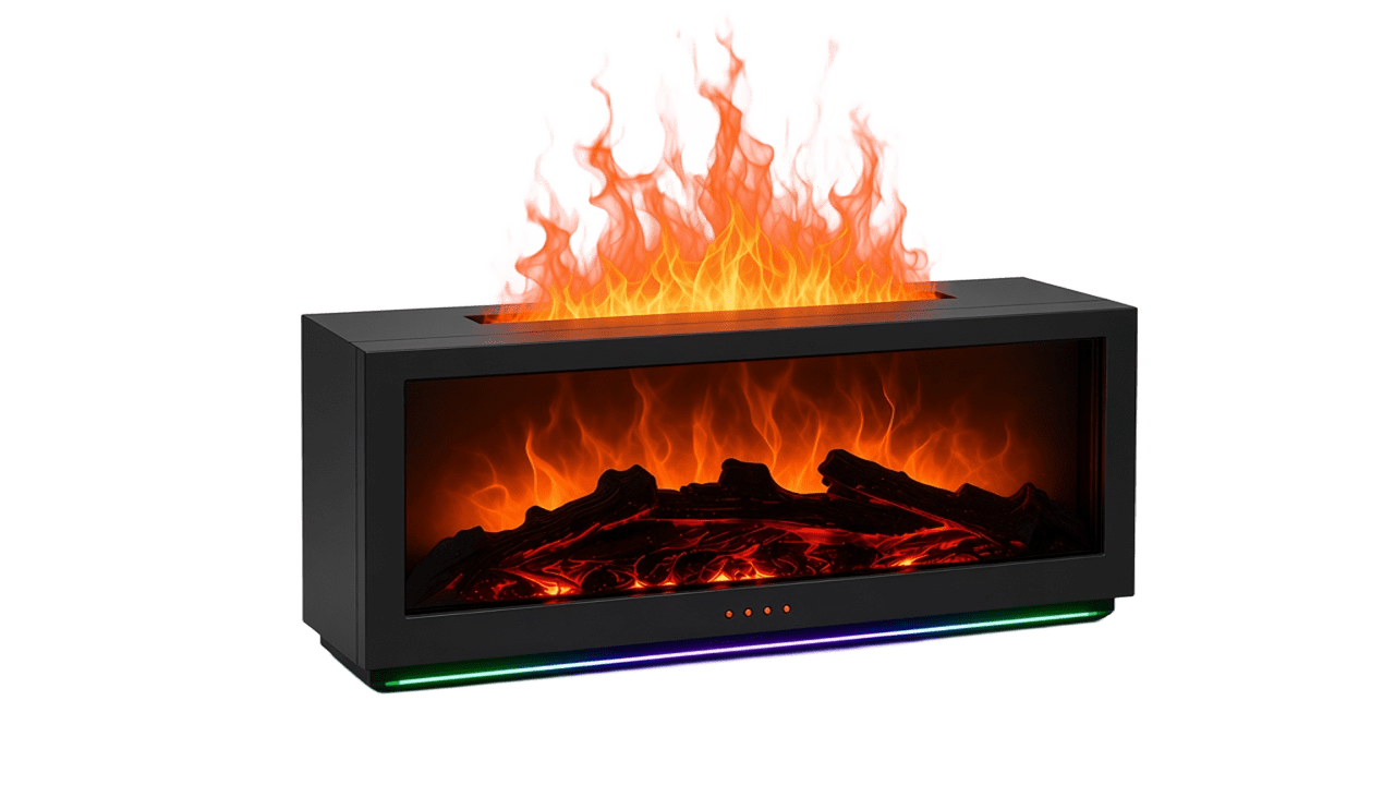 Difusor VEYLO negro con efecto llama 3D, vista en ángulo