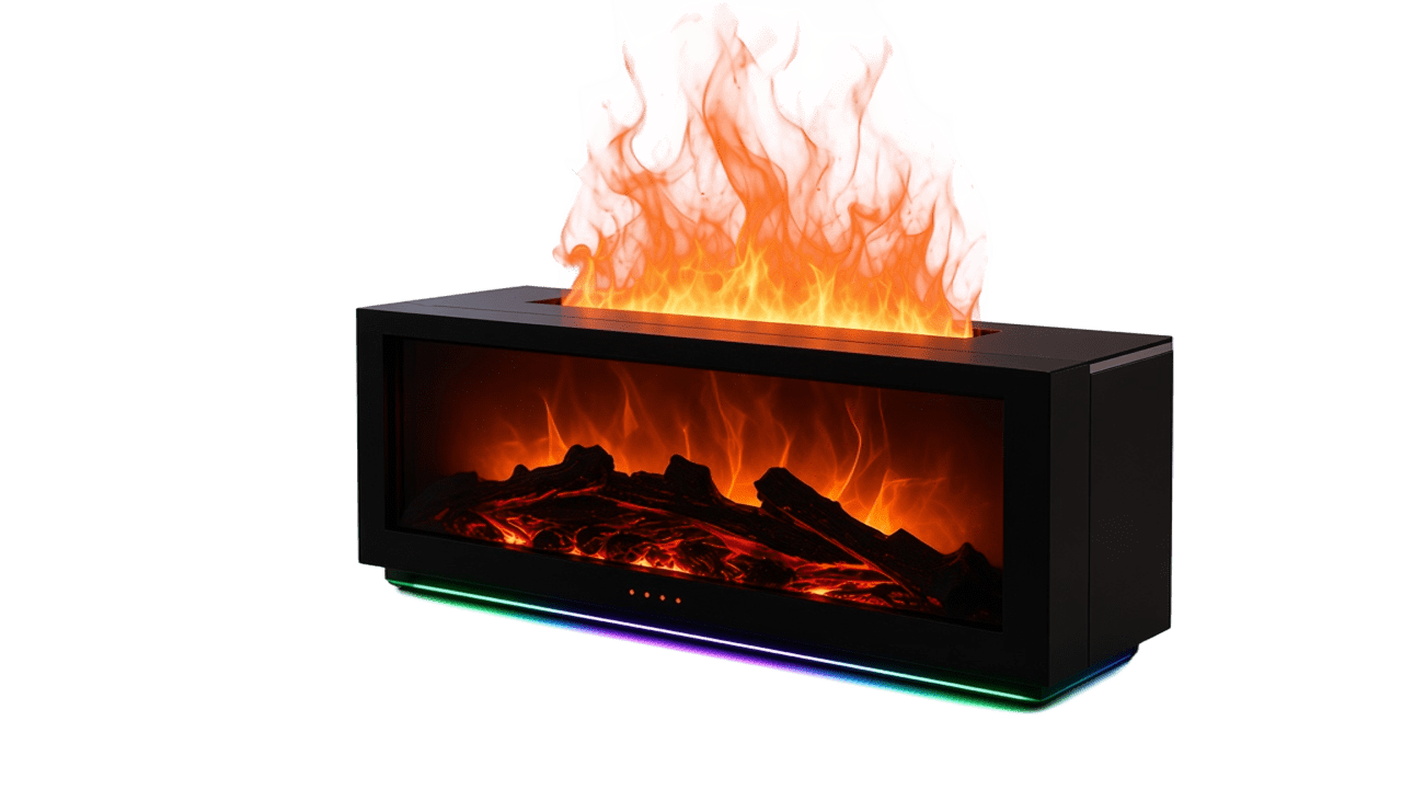 Difusor VEYLO negro con efecto llama 3D, vista en ángulo opuesto